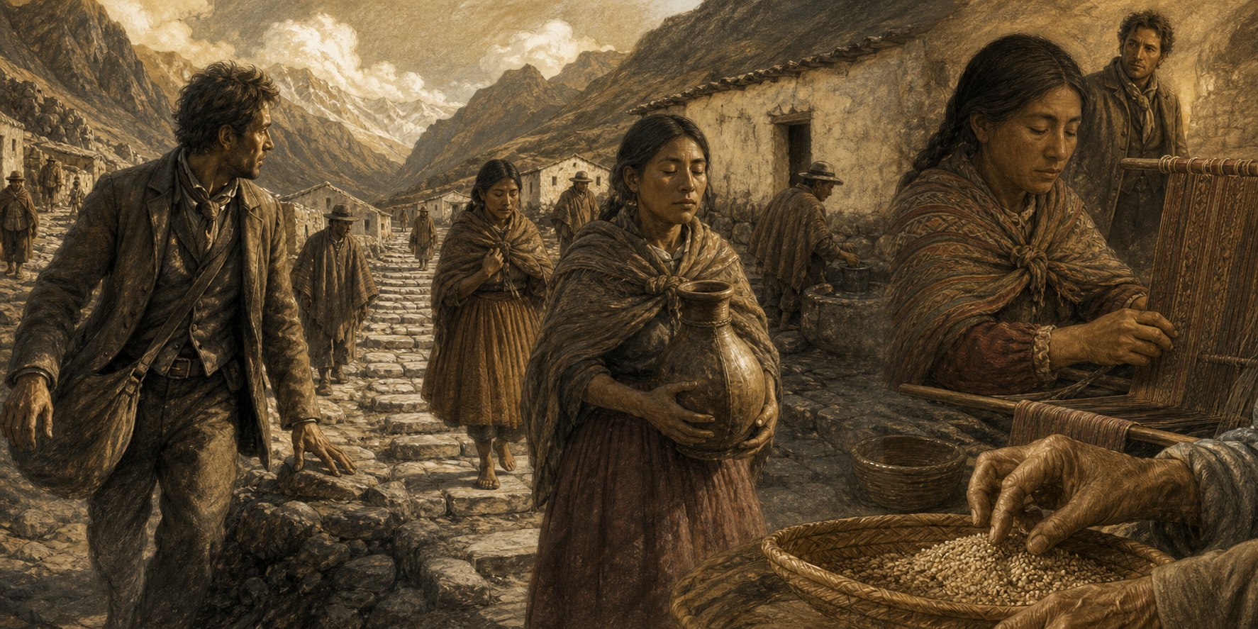 Original period-inspired illustration of Núñez entering the hidden valley while blind villagers navigate, carry water, weave and sort grain with practiced skill.