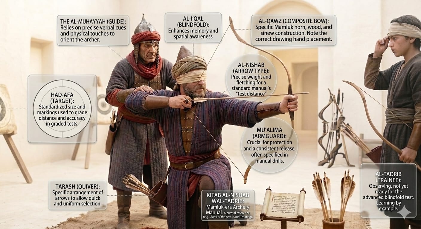 Conceptual illustration of a blindfolded archer receiving hands-on guidance, representing tactile learning, verbal direction and repeated practice.