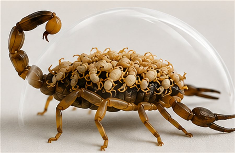 A mother scorpion carrying her young, representing protection and close guidance during the first week of training.