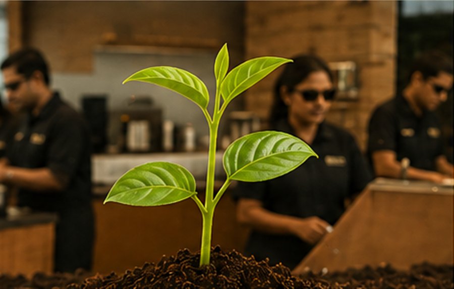 A strong young plant growing in front of a working café team, representing independent performance and readiness to lead.